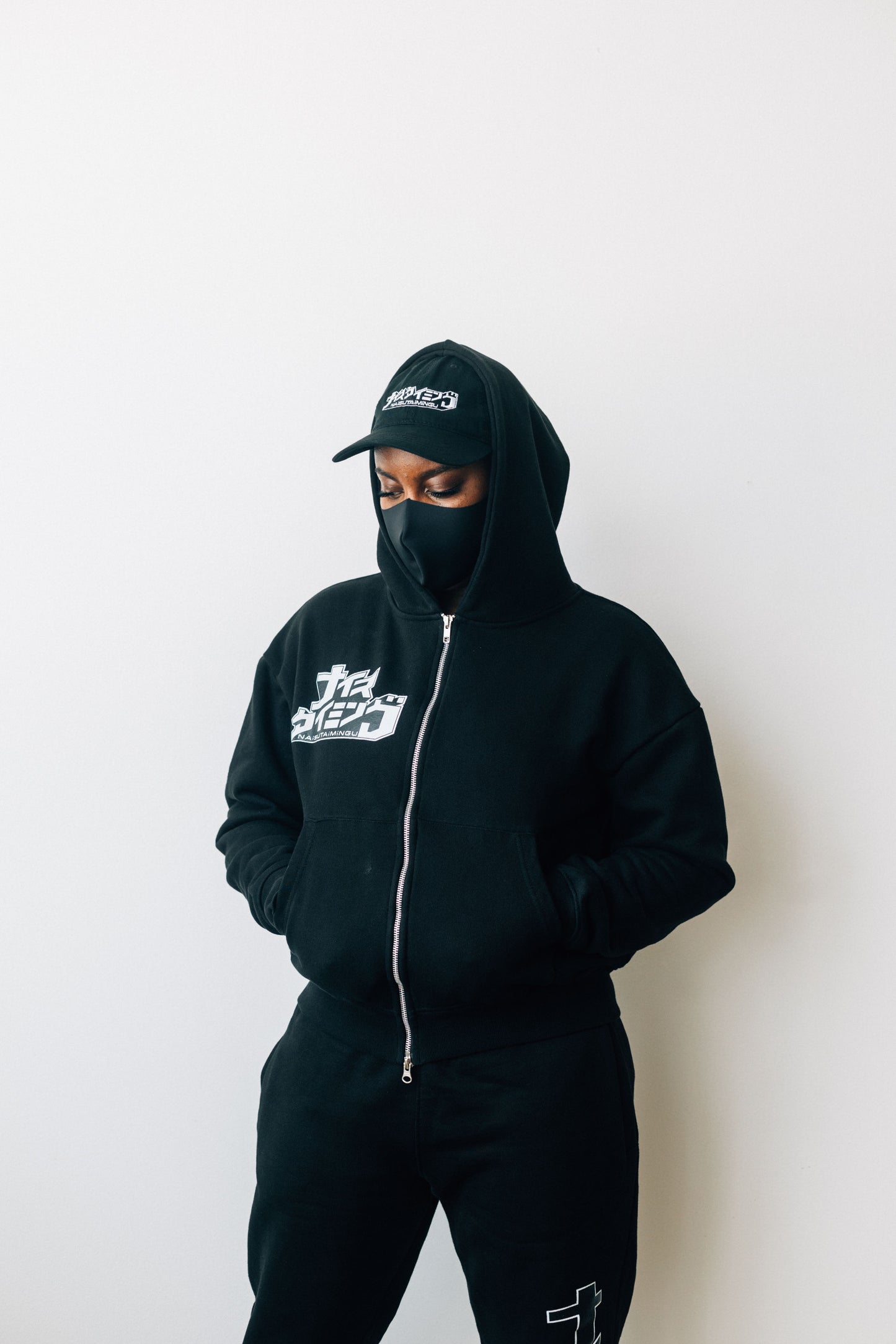 Black Double Zip Hoodie - White Thread