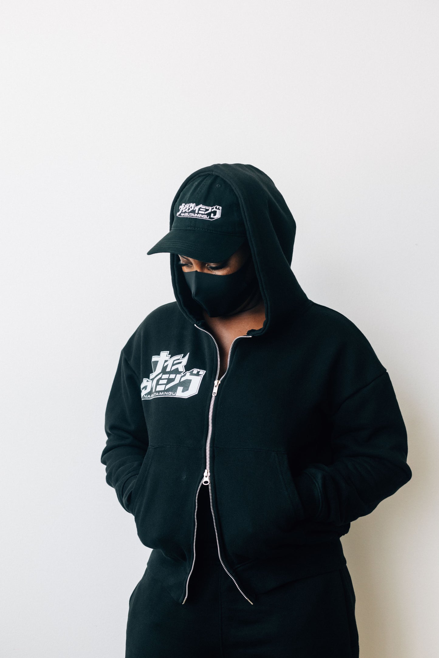 Black Double Zip Hoodie - White Thread