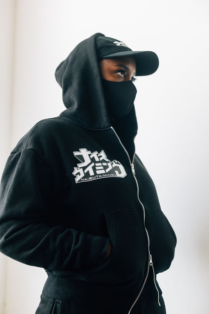 Black Double Zip Hoodie - White Thread 2.0