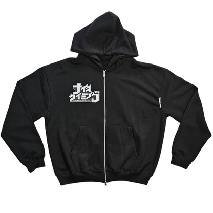 Black Double Zip Hoodie - White Thread 2.0 – Naisutaimingu Black Double Zip Hoodie - White Thread 2.0 – Naisutaimingu
